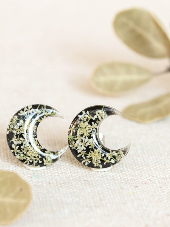 Small Half Moon Earrings Stud with Queen Anne Lace Flower