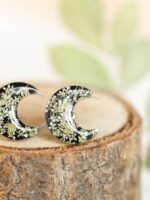 Small Half Moon Earrings Stud with Queen Anne Lace Flower