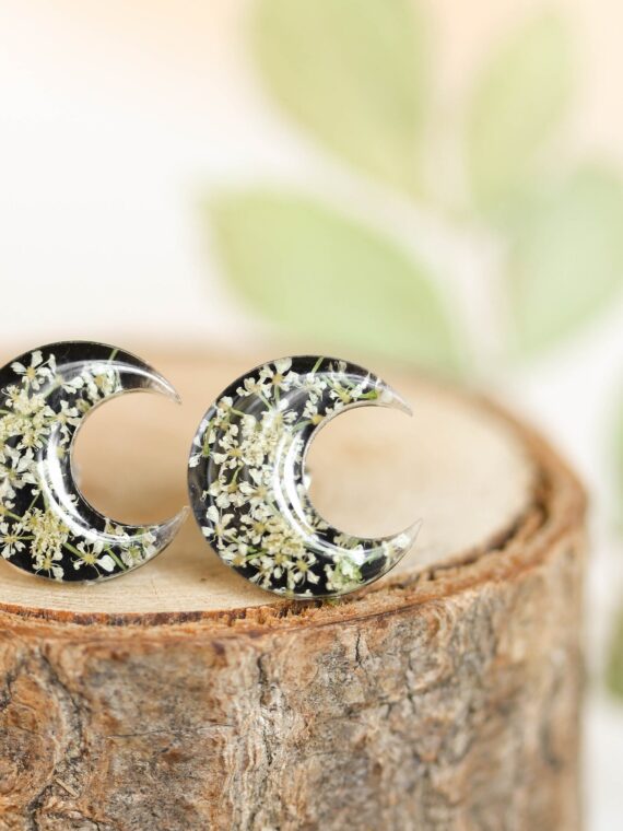 Small Half Moon Earrings Stud with Queen Anne Lace Flower
