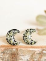 Small Half Moon Earrings Stud with Queen Anne Lace Flower