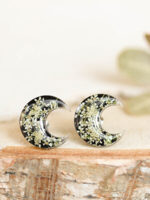 Small Half Moon Earrings Stud with Queen Anne Lace Flower