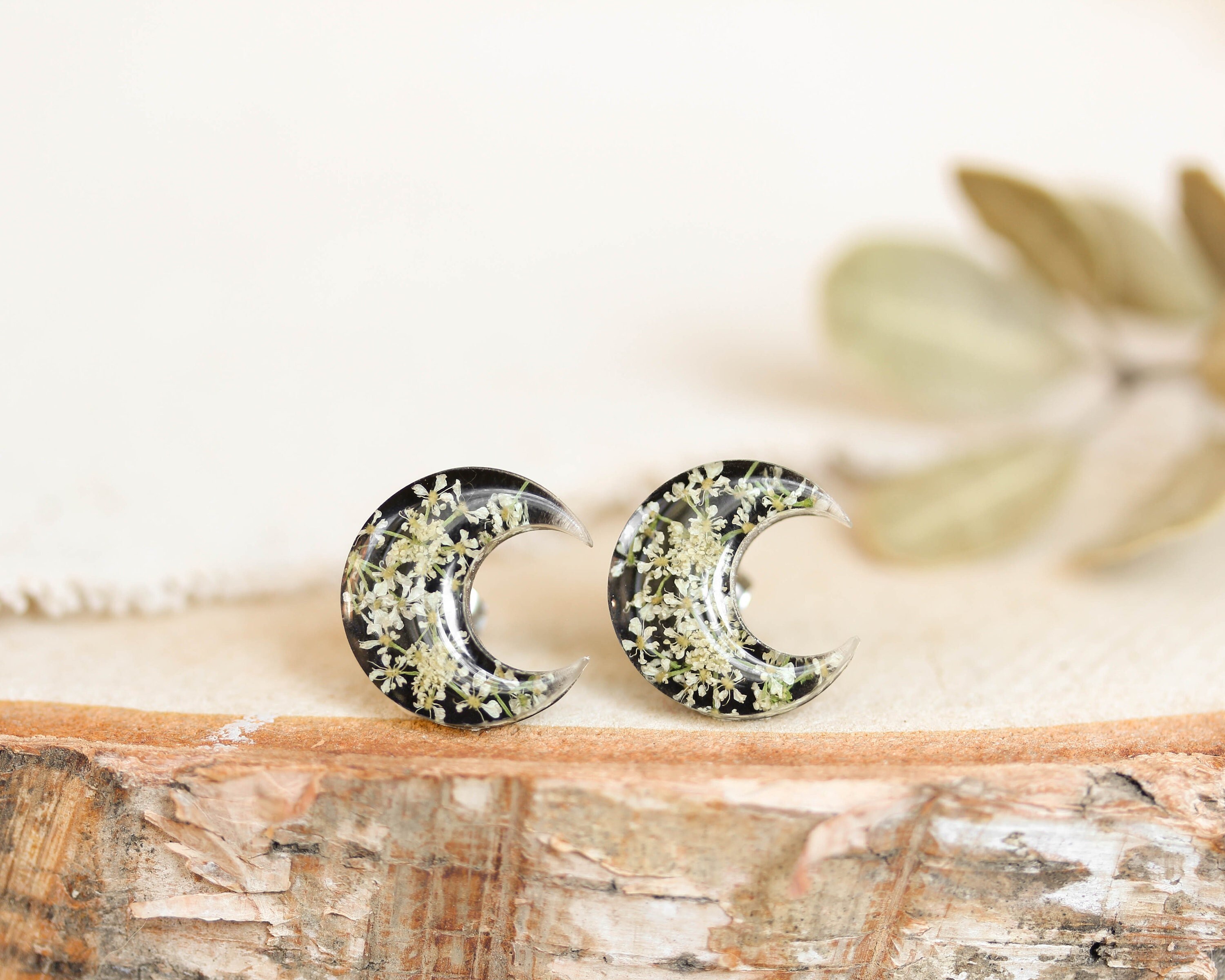 Small Half Moon Earrings Stud with Queen Anne Lace Flower