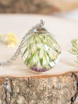 Scottish thistle necklace, Dried flower pendant necklace, Scotland gifts for men or women, Scottish symbol jewelry, Botanical resin necklace