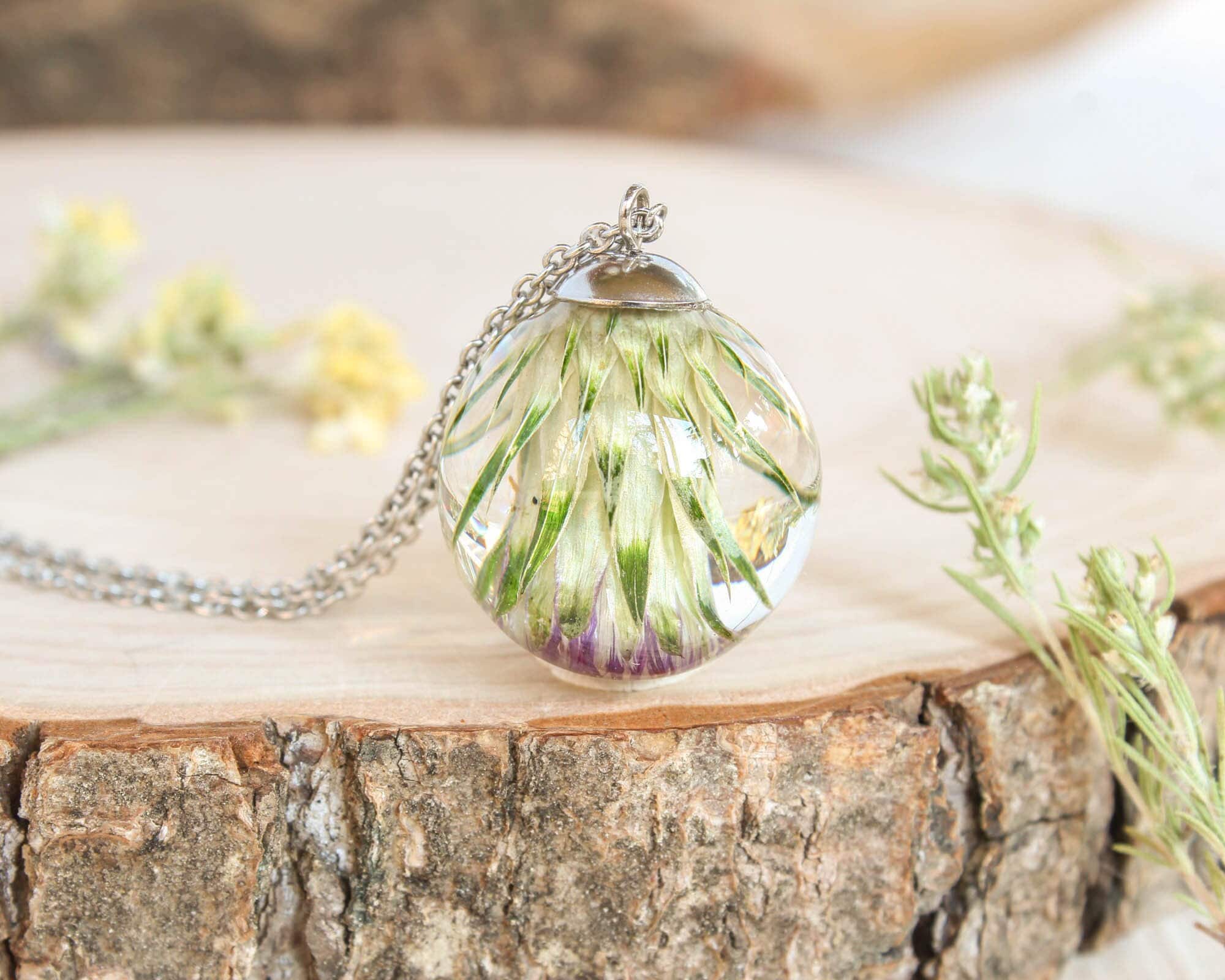 Scottish thistle necklace, Dried flower pendant necklace, Scotland gifts for men or women, Scottish symbol jewelry, Botanical resin necklace