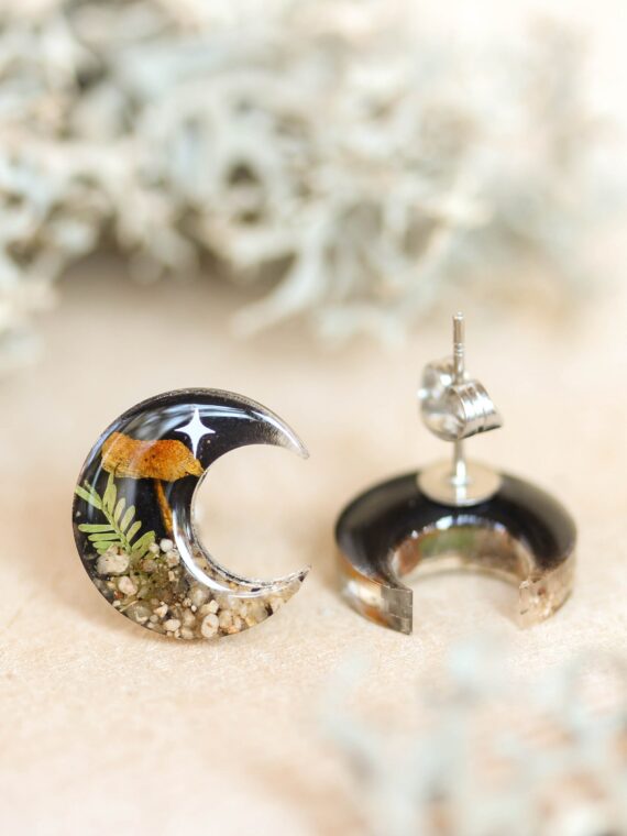 Mystic Crescent Moon Earrings Stud with Real Mushroom and Stars
