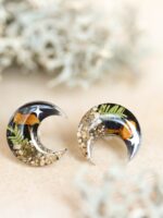 Mystic Crescent Moon Earrings Stud with Real Mushroom and Stars