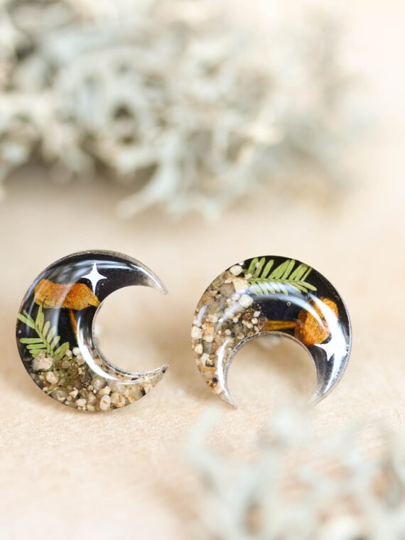 Mystic Crescent Moon Earrings Stud with Real Mushroom and Stars