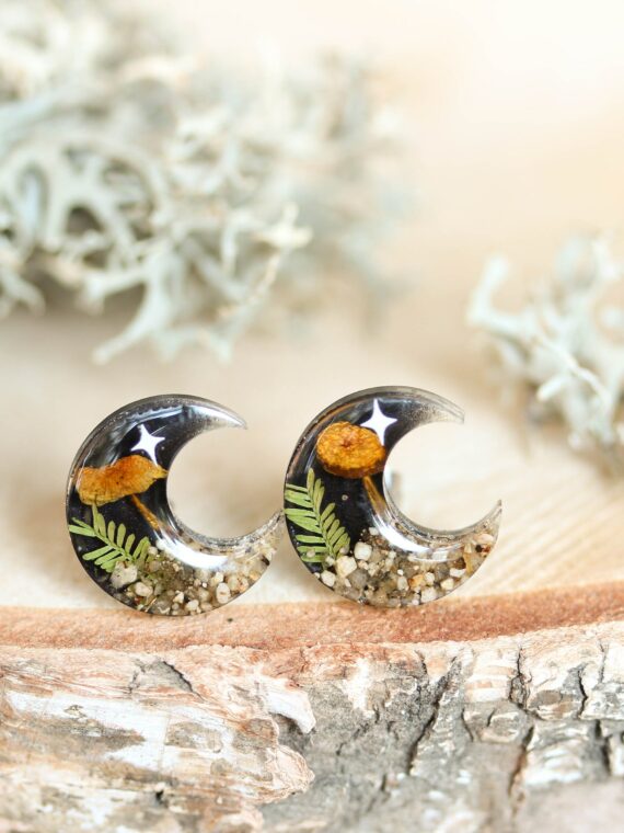 Mystic Crescent Moon Earrings Stud with Real Mushroom and Stars
