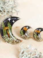 Mystic Crescent Moon Earrings Stud with Real Mushroom and Stars