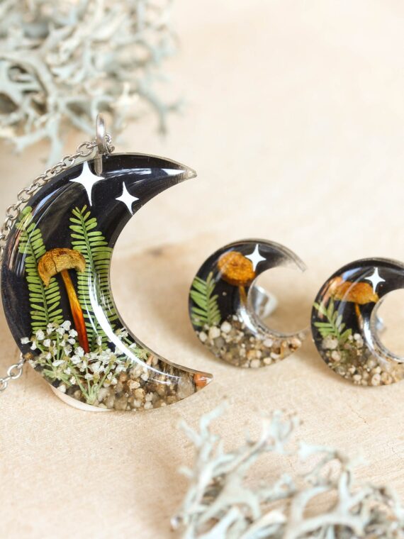 Mystic Crescent Moon Earrings Stud with Real Mushroom and Stars