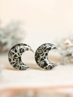 Cottagecore Moon Earrings Stud with Real Lichen in Resin