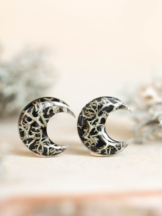 Cottagecore Moon Earrings Stud with Real Lichen in Resin