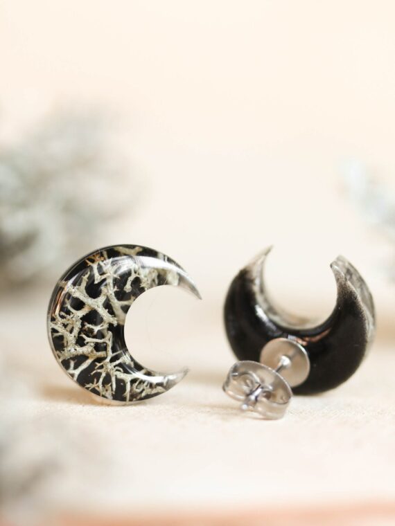 Cottagecore Moon Earrings Stud with Real Lichen in Resin