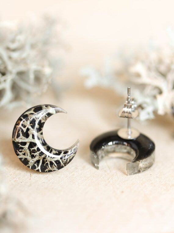 Cottagecore Moon Earrings Stud with Real Lichen in Resin