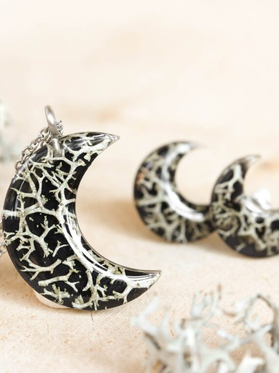 Cottagecore Moon Earrings Stud with Real Lichen in Resin