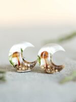 Crescent Moon Earrings Stud with Real Mushroom Inspired by Forest