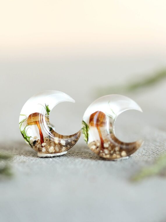 Crescent Moon Earrings Stud with Real Mushroom Inspired by Forest