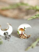 Crescent Moon Earrings Stud with Real Mushroom Inspired by Forest