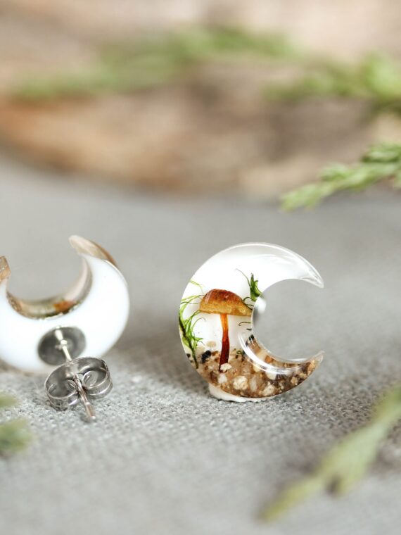 Crescent Moon Earrings Stud with Real Mushroom Inspired by Forest