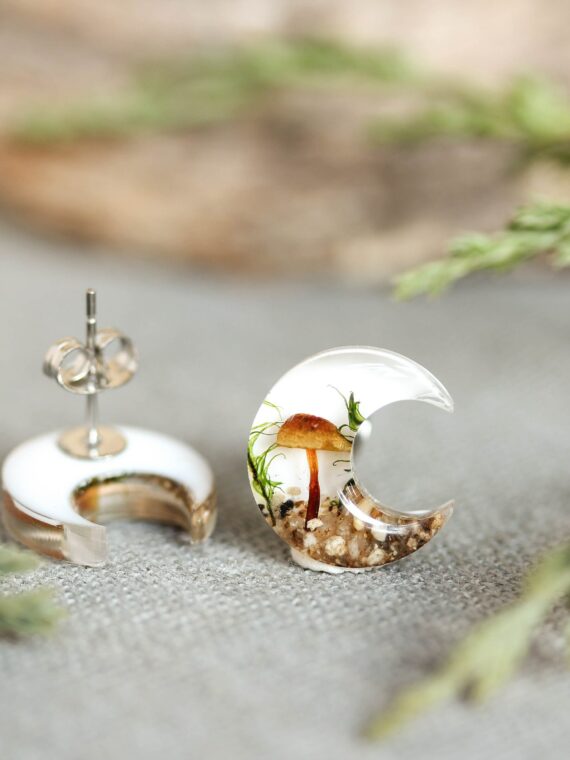 Crescent Moon Earrings Stud with Real Mushroom Inspired by Forest