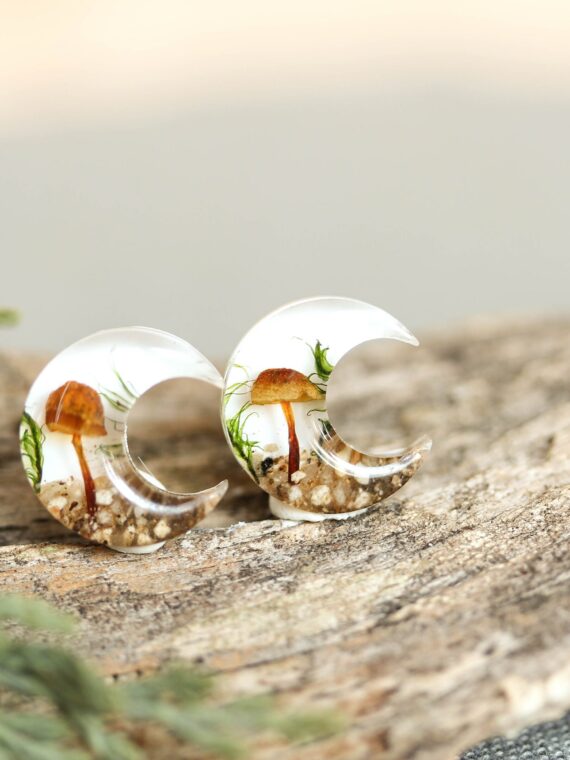 Crescent Moon Earrings Stud with Real Mushroom Inspired by Forest