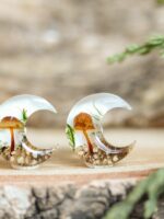 Crescent Moon Earrings Stud with Real Mushroom Inspired by Forest