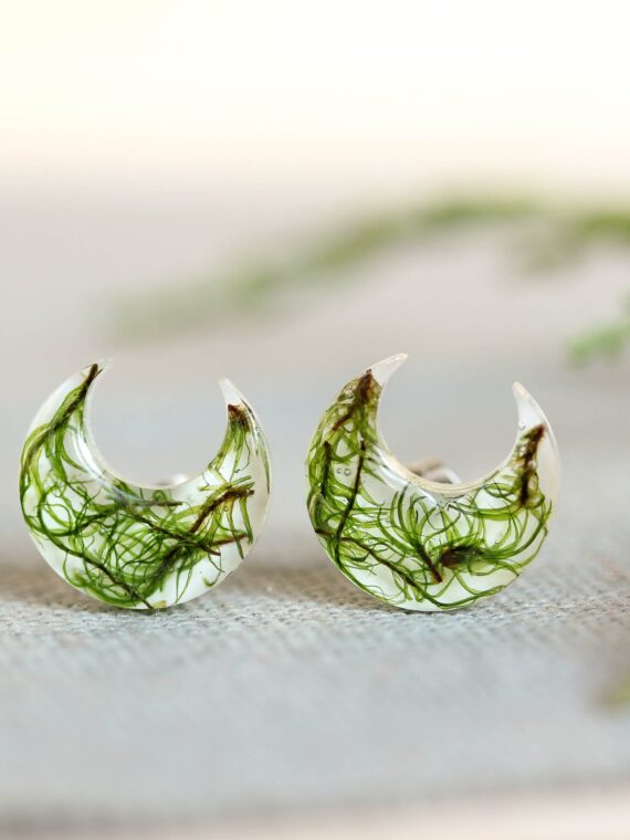 Eco Friendly Resin Earrings - Botanical Moon Jewelry with Moss