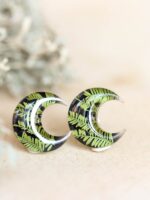 Small Moon Earrings Stud - Botanical Jewelry with Pressed Leaf