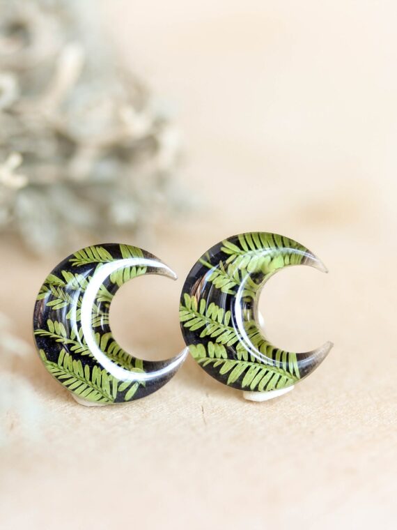 Small Moon Earrings Stud - Botanical Jewelry with Pressed Leaf