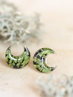 Small Moon Earrings Stud - Botanical Jewelry with Pressed Leaf