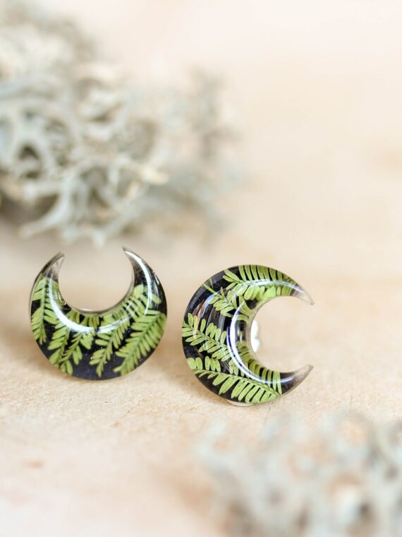 Small Moon Earrings Stud - Botanical Jewelry with Pressed Leaf