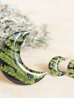 Small Moon Earrings Stud - Botanical Jewelry with Pressed Leaf