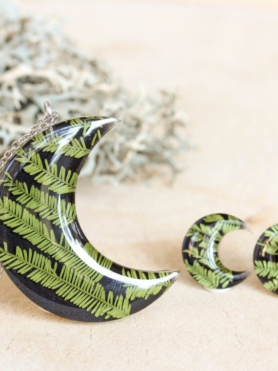 Small Moon Earrings Stud - Botanical Jewelry with Pressed Leaf