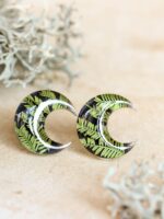 Small Moon Earrings Stud - Botanical Jewelry with Pressed Leaf