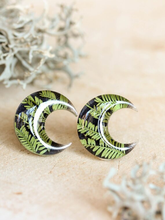 Small Moon Earrings Stud - Botanical Jewelry with Pressed Leaf