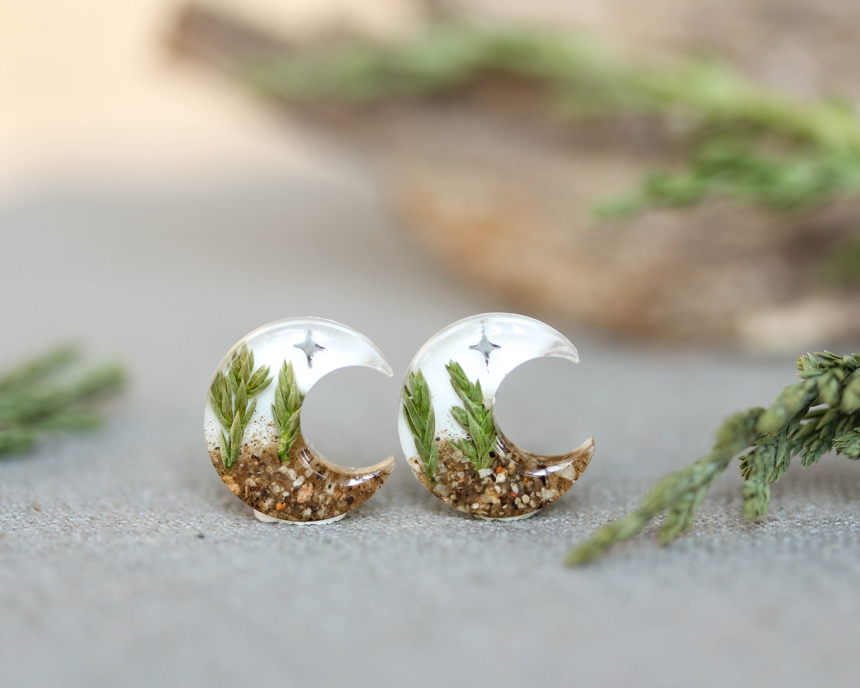 Forest Inspired Earrings with Pine Tree and Stars - Moon Jewelry