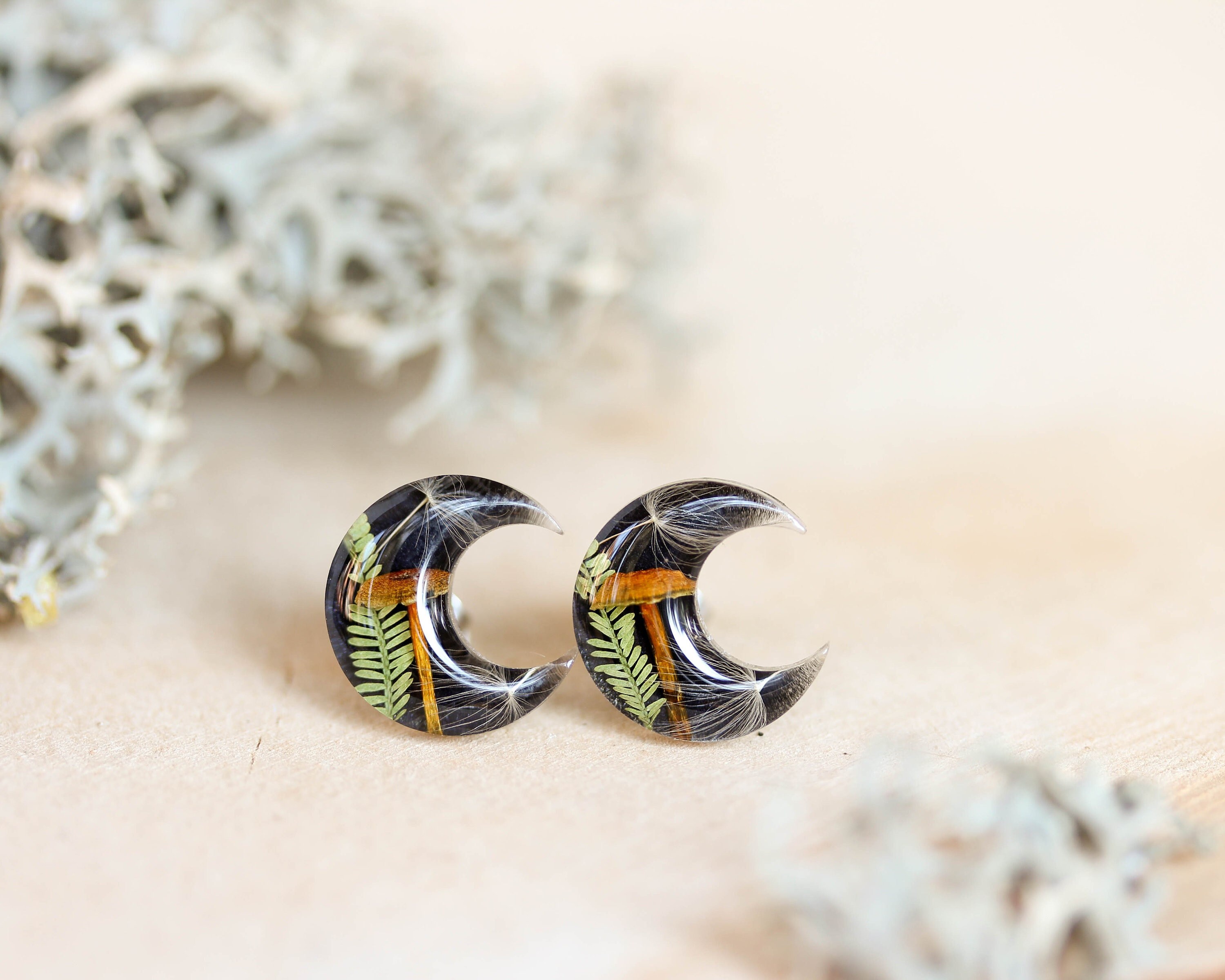 Cottagecore Earrings Hypoallergenic with real Mushroom and Plant