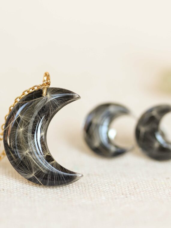 Delicate Black Moon Necklace with Real Dandelion Seeds in Resin