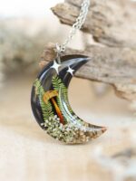 Crescent Moon Necklace with Mushroom in Resin - Mystical Jewelry
