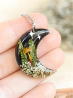 Crescent Moon Necklace with Mushroom in Resin - Mystical Jewelry