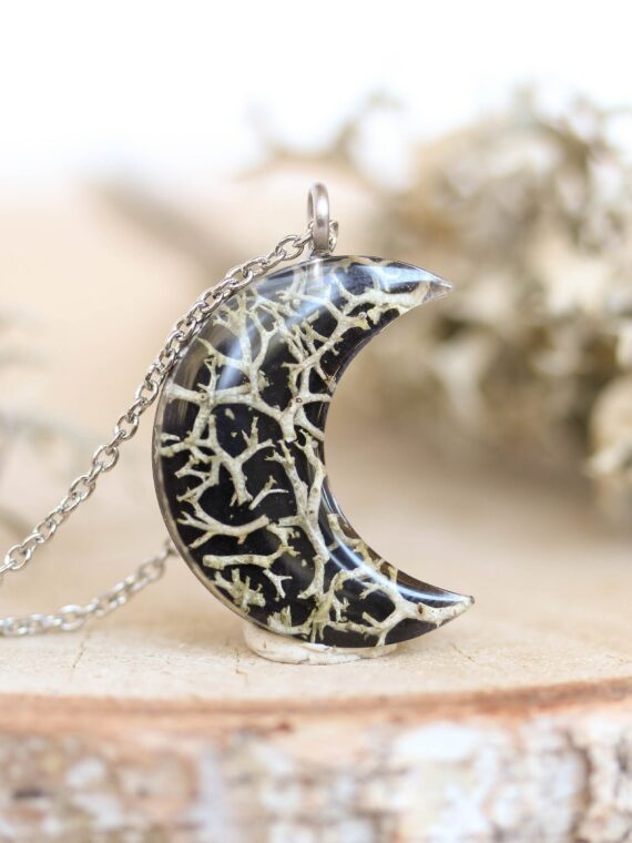 Aesthetic Crescent Moon Necklace with Pressed Plants in Resin
