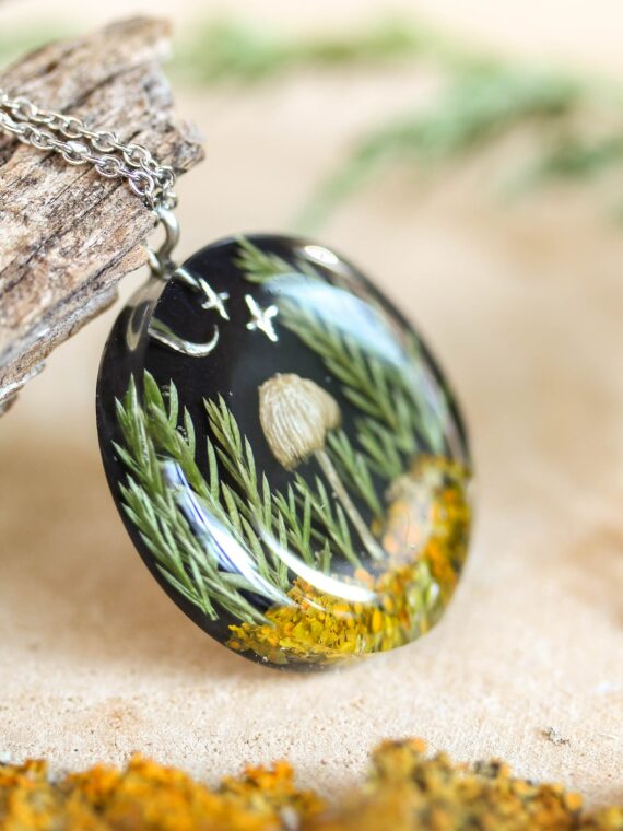 Forest Necklace with Mushroom, Real Plants, Stars and Moon