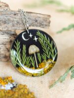 Forest Necklace with Mushroom, Real Plants, Stars and Moon