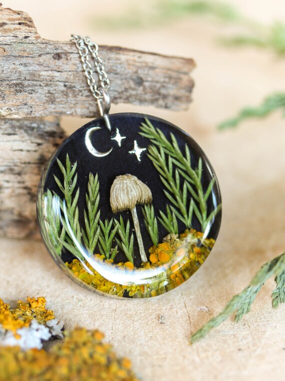 Forest Necklace with Mushroom, Real Plants, Stars and Moon