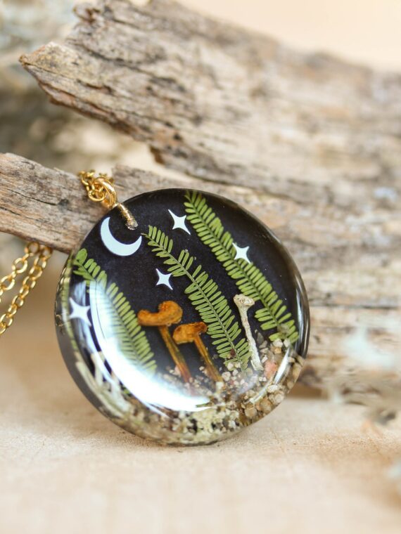 Forest lover Necklace: Real Mushroom & Leaf with Moon and Stars