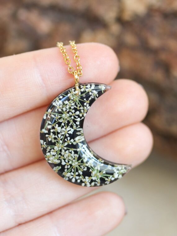 Moon Necklace with Pressed Queen Anne Lace Flower in Resin
