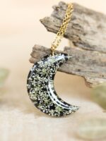 Moon Necklace with Pressed Queen Anne Lace Flower in Resin