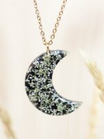 Moon Necklace with Pressed Queen Anne Lace Flower in Resin
