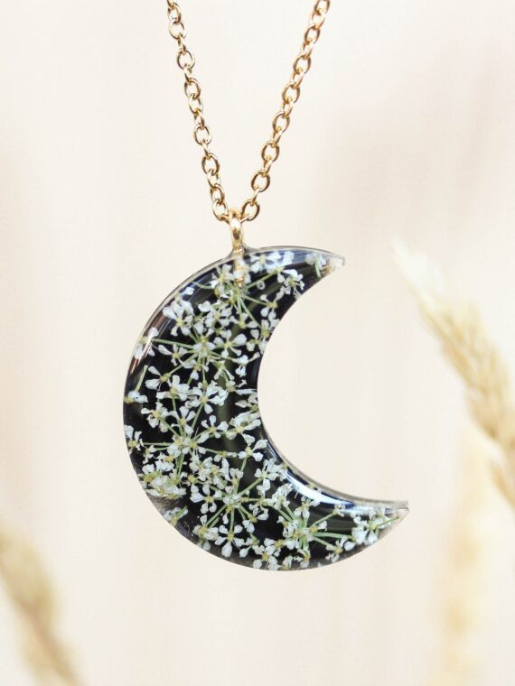 Moon Necklace with Pressed Queen Anne Lace Flower in Resin