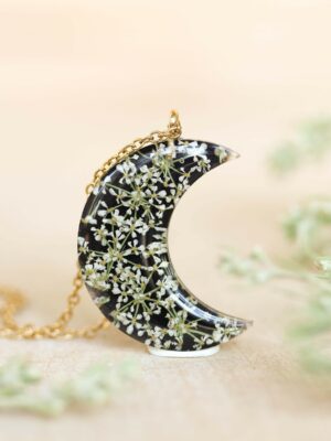 Moon Necklace with Pressed Queen Anne Lace Flower in Resin